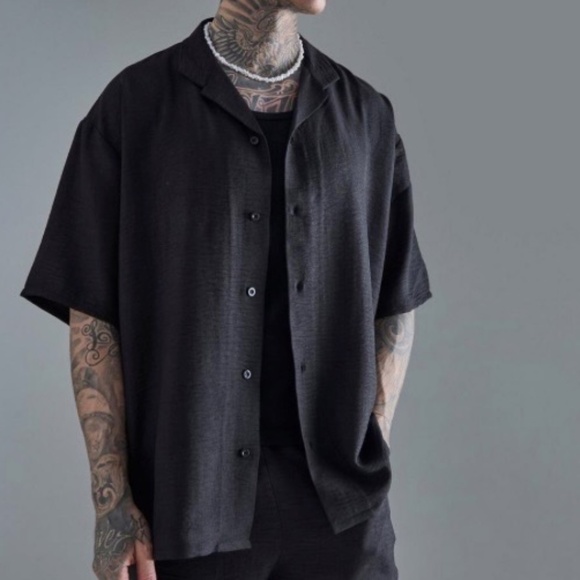 BoohooMAN Black Linen Short Sleeve Shirt-Medium - Picture 1 of 3